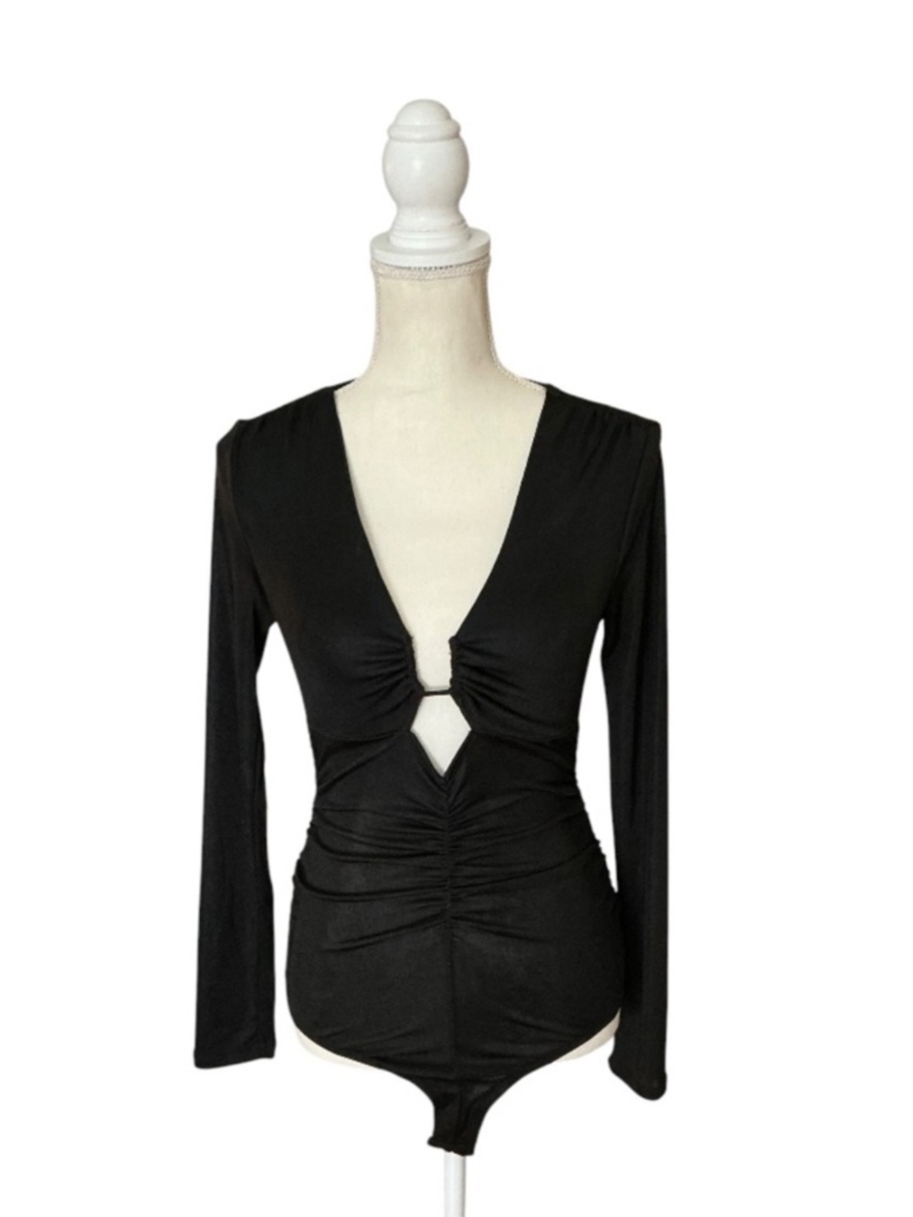 ASTR The Label Josie Bodysuit Black Ruched Keyhole Long Sleeve XS